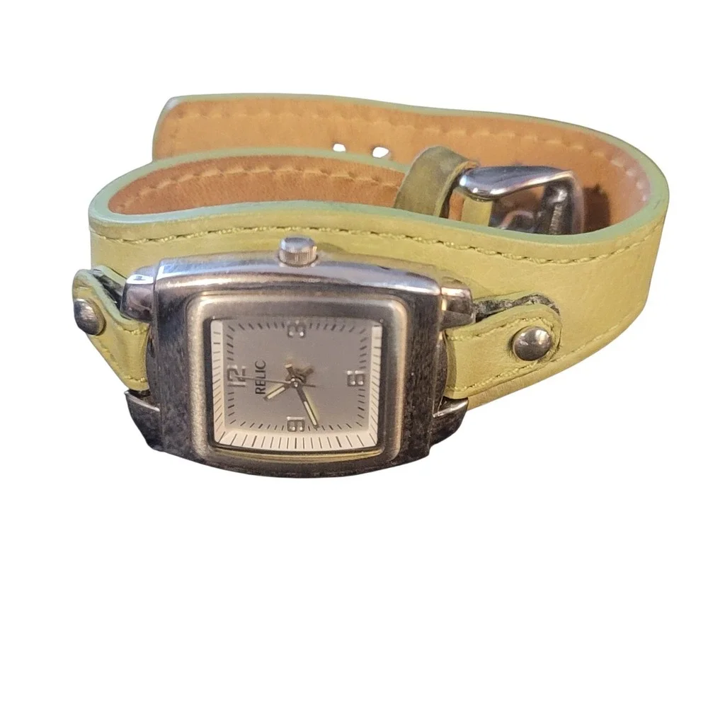 Relic by Fossil‎ Womens Cuff Watch Lime Green Leather Square Silver Tone ZR15339